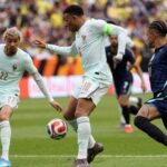 Festejo de Kylian Mbappé tras marcar el primer gol en la victoria de los franceses ante Brasil en Boston