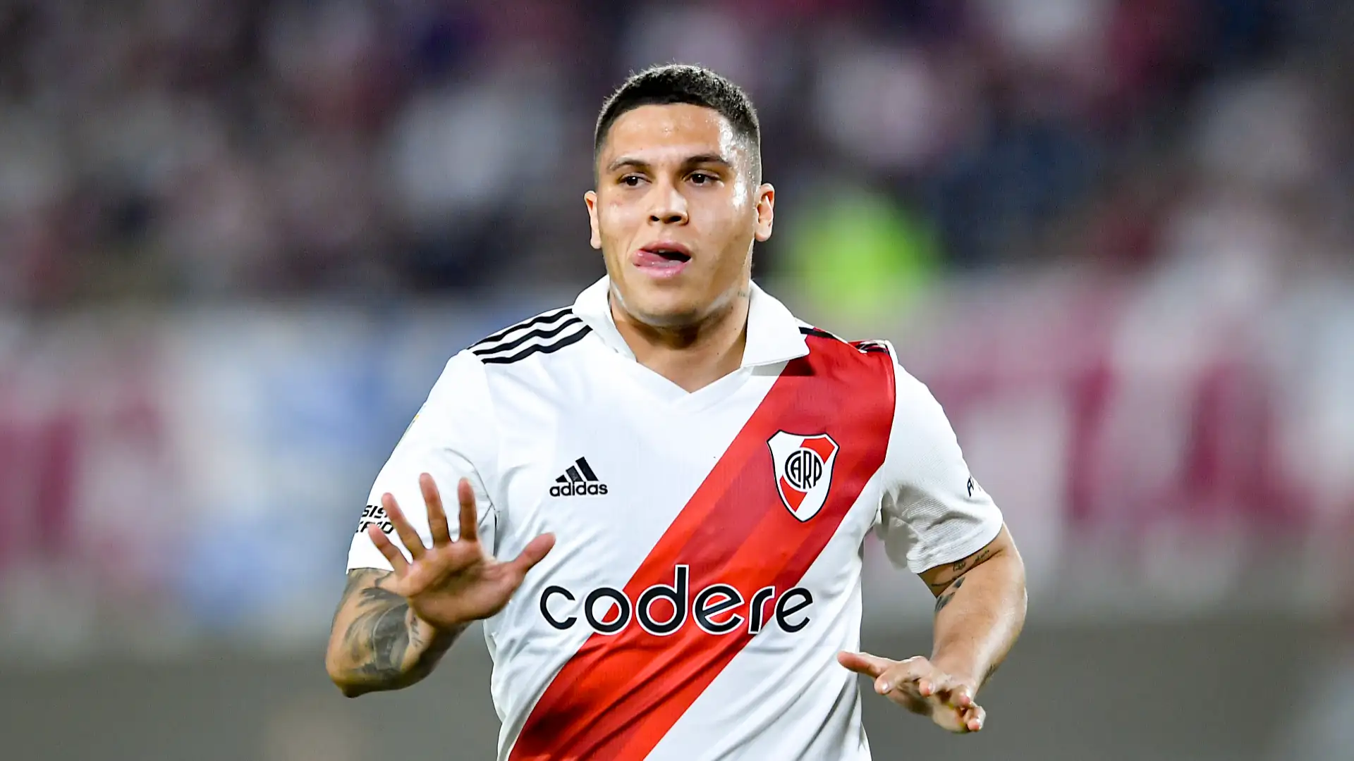 El mediocampista colombiano analiza el futuro de Juan Fernando Quintero mientras observa un partido desde el banco de suplentes de River