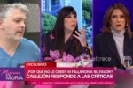 La conductora de televisión gesticulando de forma tajante en el estudio de grabación en el momento exacto en que Moria Casán enfrentó con firmeza a su panelista.