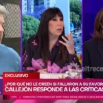 La conductora de televisión gesticulando de forma tajante en el estudio de grabación en el momento exacto en que Moria Casán enfrentó con firmeza a su panelista.