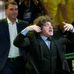 Javier Milei durante el viaje de Milei a Brasil en una actividad política